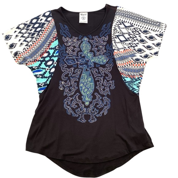 Be Vocal Rhinestone Cross Flutter Sleeve Mixed Print Tunic Top Medium USA Fairy - Picture 1 of 11